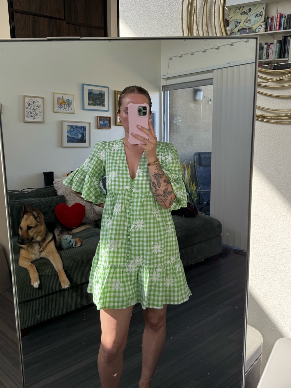 Sabo Skirt Green Gingham Dress with White Floral Embroidery